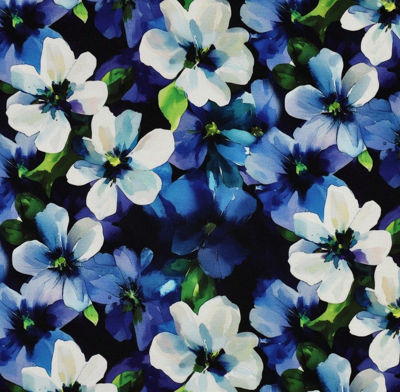 Painettu puntoneulos kukat sininen-musta 07516.018